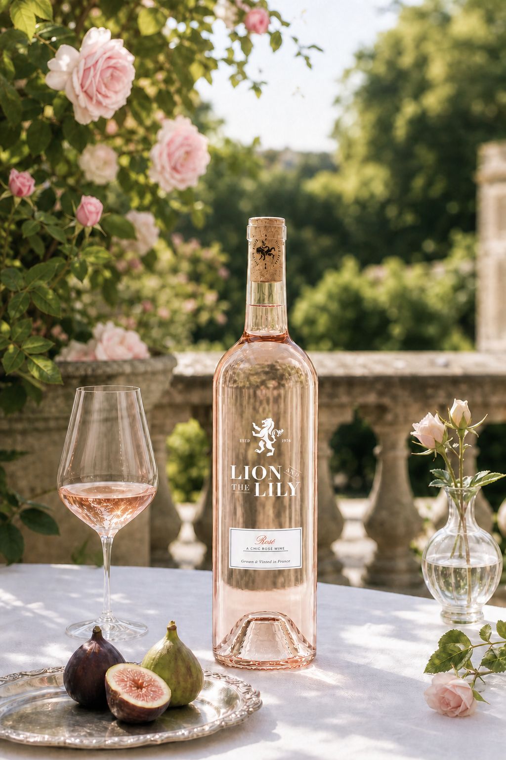 Lion and the Lily rosé on a luminous garden terrace framed by roses